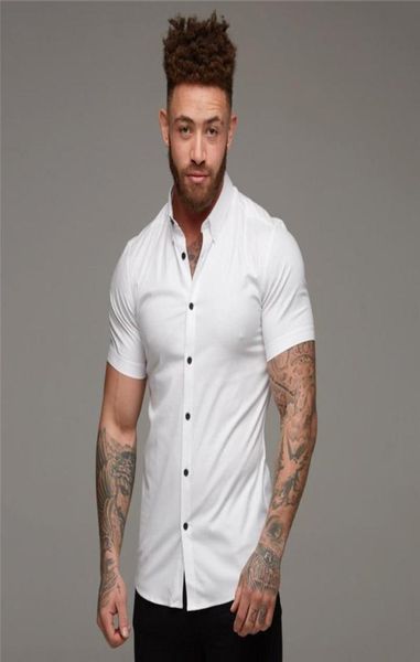 

running shirt summer fashion short sleeve shirt men super slim fit male business dress men gym fitness sport clothing3224194, Black;blue