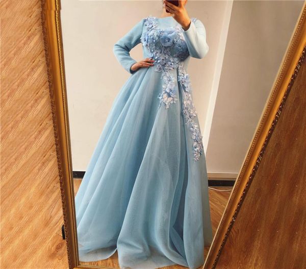 

muslim blue long sleeves evening dresses design handmade flowers pearls aline evening gowns 2019 arabian prom dresses9713022, Black;red