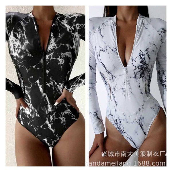 

long sleeve swimsuit zip surfing suit women's one-piece swimsuit printed bikini, White;black