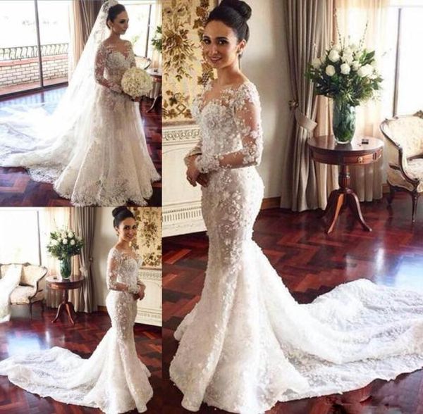 

2017 long sleeves wedding dresses with overskirt detachable train luxury lace wedding dress sheer neck 3d appliques african bridal9273396, White