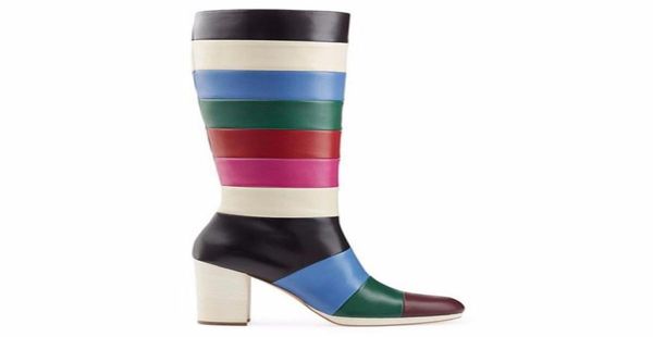 

mixed color winter fashion long boots round toes pu platform square heel zip botas knee high patchwork footwear shoes women plus s3743441, Black