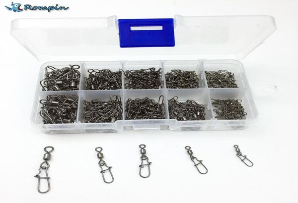 

rompin 210pcsbox fishing rolling swivels snap pin line connectors 2 4 5 6 8 solid barrel swivel rings snap fishing swivels9728137