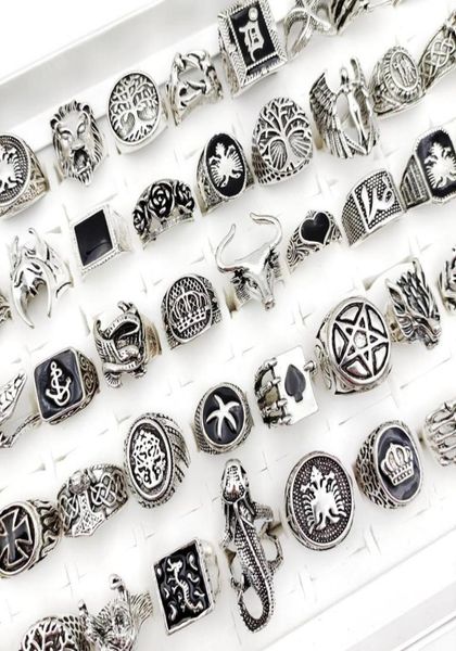 

whole 50pcslot punk gothic crown ag rings for men and women mix styles black glaze antique silvery vintage jewelry gift alloy2170930, Golden;silver
