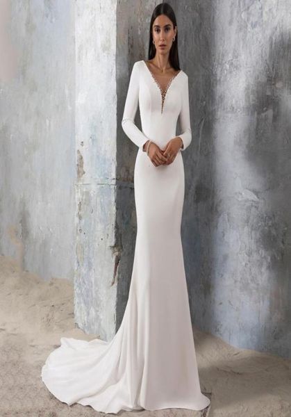 

other wedding dresses simple mermaid dress for brides long sleeves jersey sweep train crystal sheer vneck backless b2544419, White