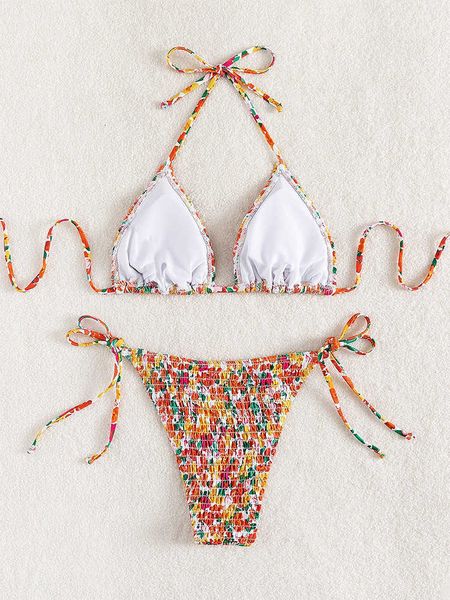 

2022 floral pleated hanging neck triangle bikini swimsuit, White;black