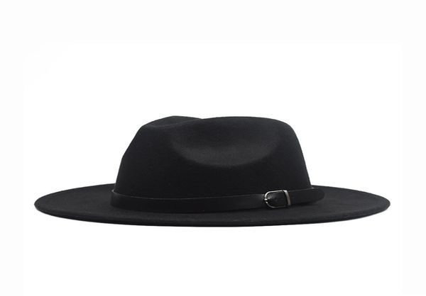 

autumn winter flat brim wool felt fedora hats with buckle jazz formal hat panama cap plain hat men women big brim felt hat2098997, Blue;gray