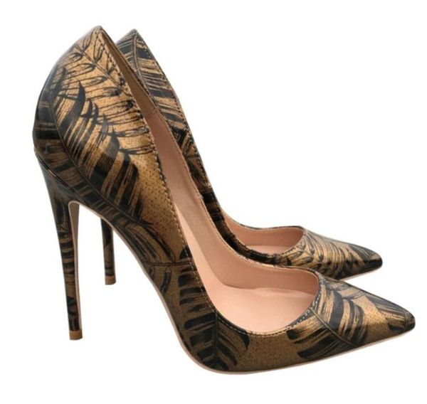 

new fashion bronze print banana leaf high heeled shoes women039s thin heel pointed print shoes 12cm 10cm 8cm wedding party2383267, Black