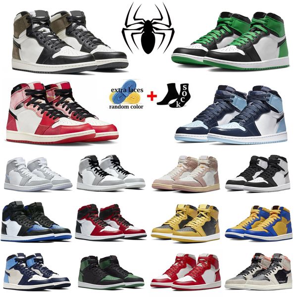 

jumpman 1s spider-verse women mens basketball shoes lucky green bred patent true blue chicago lost found unc toe shadow trainers sports snek