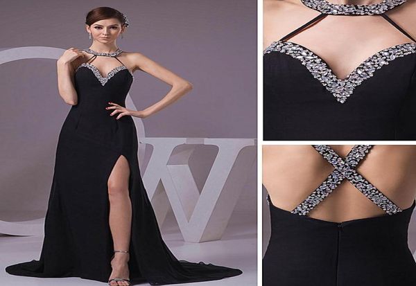 

black long aline beaded halter evening dress chiffon crisscross straps back prom dress court train party dress5365688, Red