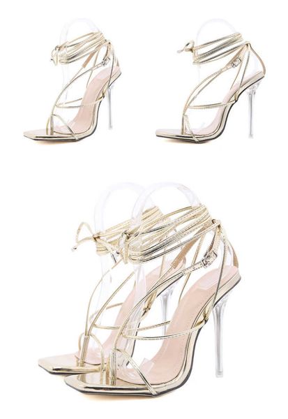 

sandals 2023 new summer gladiator square clip toe women perspex crystal high heels ankle lace-up shoes pumps 230511, Black