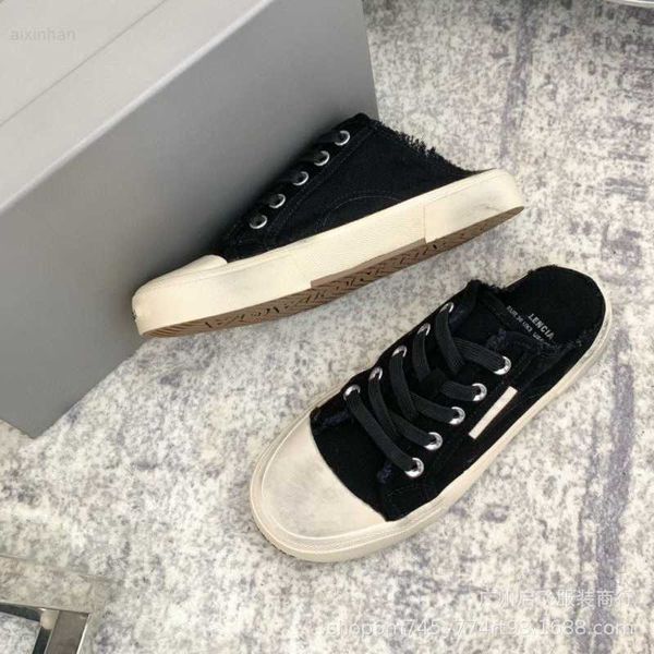 

2023 paris vintage canvas shoes for men and women with tie up board shoes half toe slippers small dirty single shoes, Black