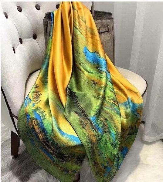

scarves 2021 design brand summer silk scarf women oil painting print spring warm lrage hijabs lady pashmina foulard bandana8030025, Blue;gray