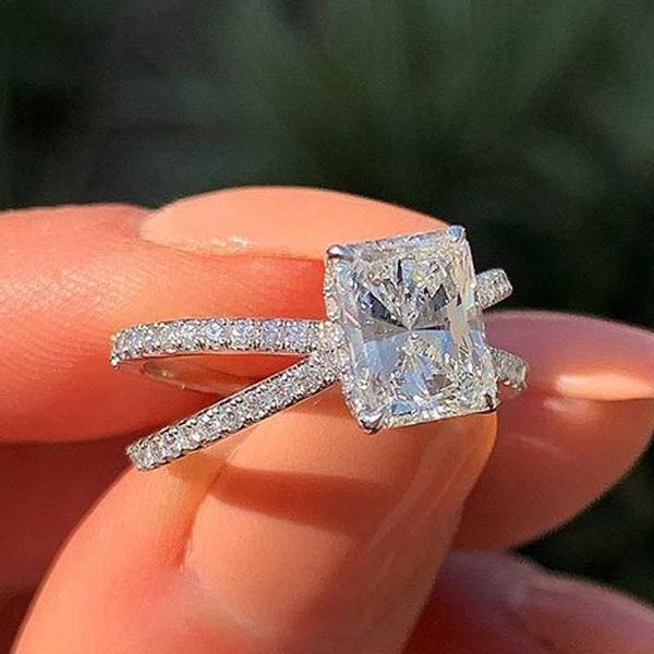 

band rings huitan trendy micro paved geometric double crack band wedding women rings with sparkly square cz stone elegant finger ring aa2305, Silver