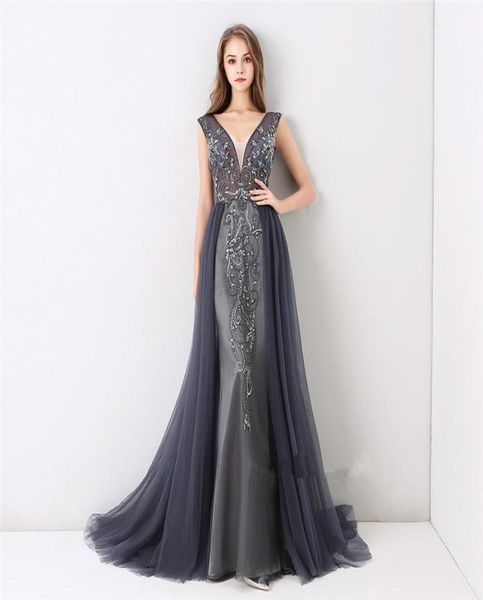 

2018 elegant navy tulle crystals prom dresses v neck detachable train evening gowns custom beads evening dresses vestidos formales5944921, Black