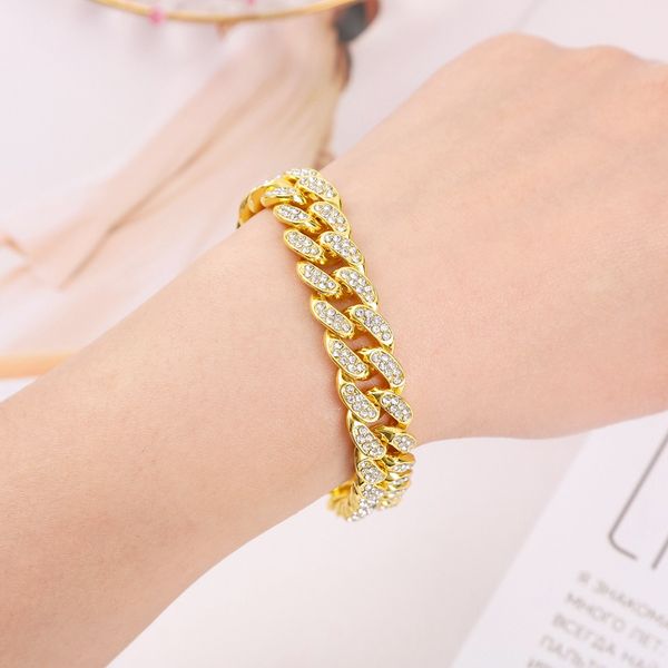 

men women cuban bracelet chain full cz inlaid 18k yellow/white golden hip hop couple bracelet wrist link 8 inches, Black