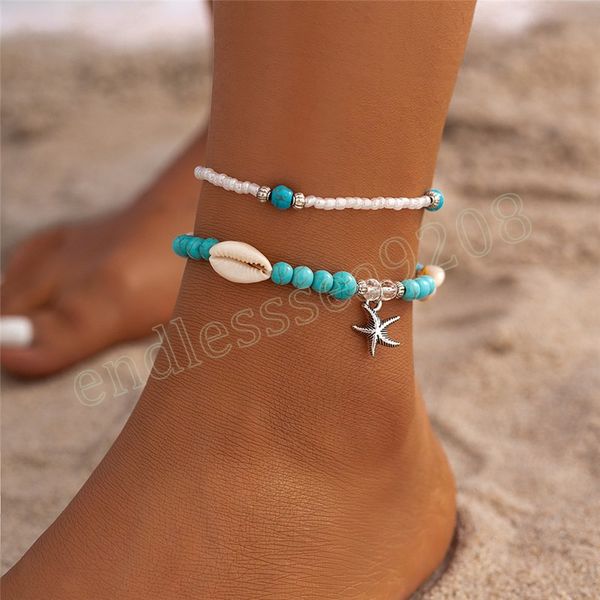 

boho imitation pearl green bead shell chain anklet women summer beach ankle bracelet on leg barefoot foot jewelry accessories, Red;blue