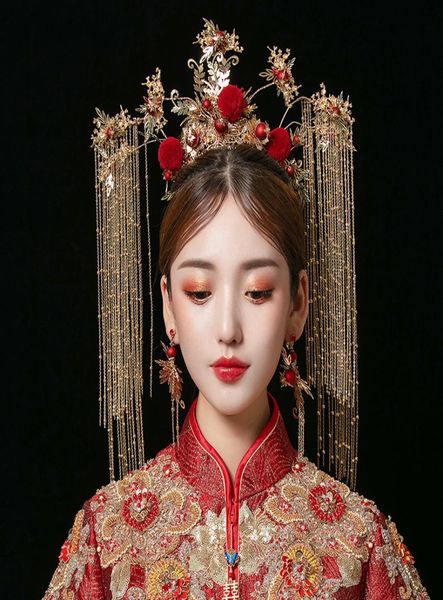 

traditional chinese wedding bride gold queen crown red headpieces vintage wedding tiara headdress bridal hair accessories3809789, White;golden