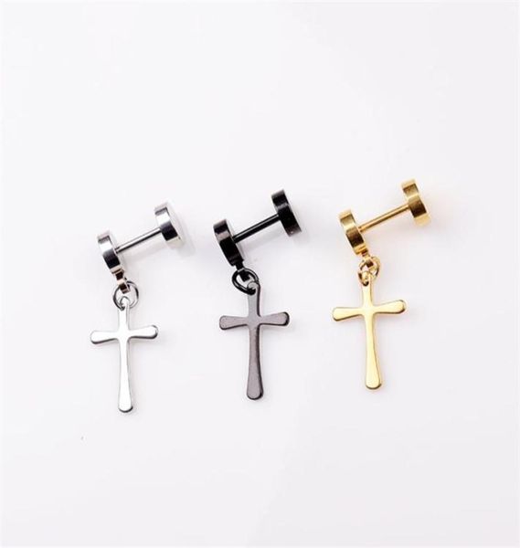 

titanium silver earrings mens ear ring clip not allergic cross exaggerated personality fake ear plugs barbell ear stud hip hop 6587257365, Golden;silver