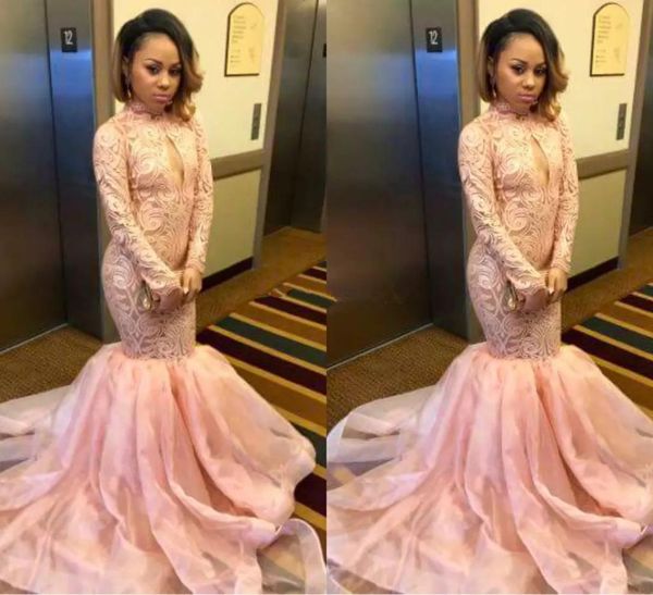 

new pink mermaid prom dresses long sleeves lace evening dresses plus size high neck organza black pageant party dresses custo2673653, Black;red