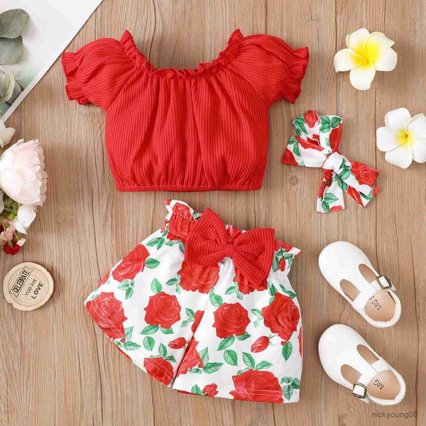 

clothing sets girls infant baby clothes summer short sleeve andfloral shorts with headband newborn outfits 0-2 years, White