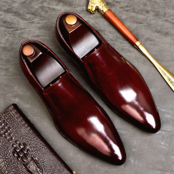 

desai fashion mens shoes wedding dress genuine leather slip on classic pointed toe office work wedding party formal shoes, Black