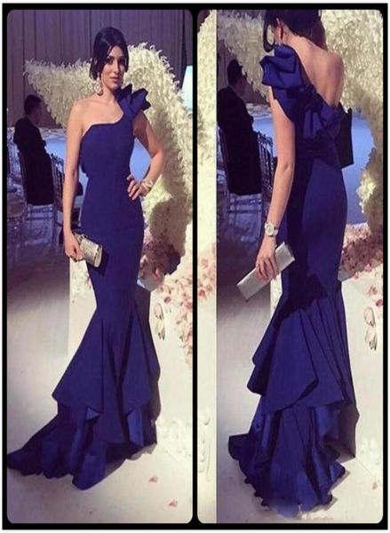 

navy blue satin mermaid long evening dresses new arrived simple ruched one shoulder party dress robe de soire customize prom gown1938088, Black;red