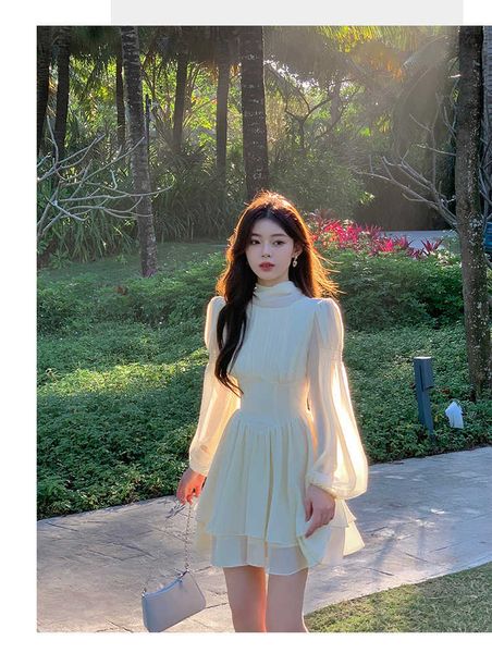 

spring temperament french puff sleeve white dress long waist fairy dress woman casual long party dress for woman, Black;gray