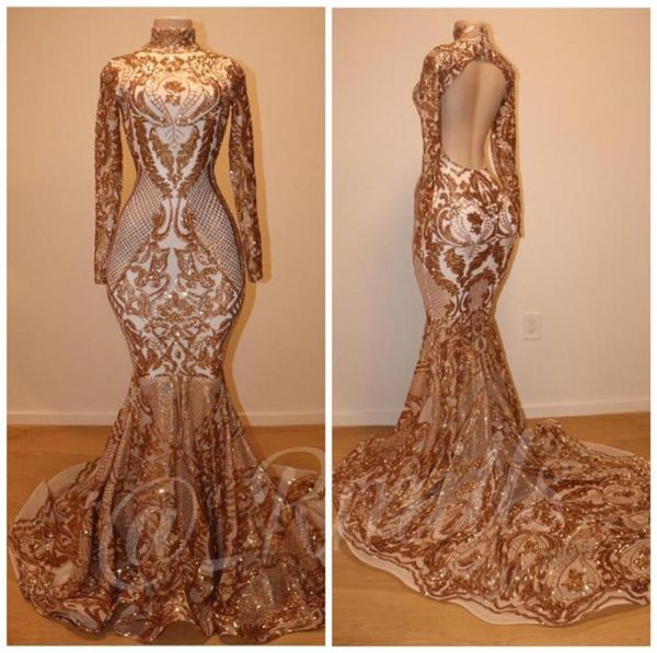 

2019 new gold sequins prom dress deep high neck appliqued evening dress mermaid afraic girl party gown custom made plus size1841638, Black