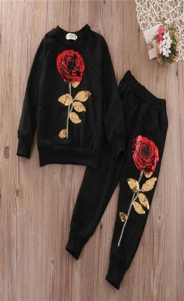 

sell spring clothes designer girls tracksuit boutique kids rose sequin print hoodies pant toddler child clothing set 37y y6571736, White