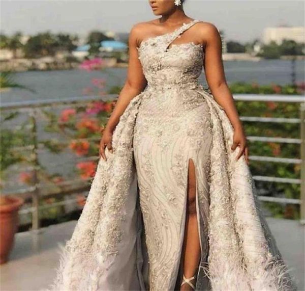 

african plus size prom dresses one shoulder 3d appliques lace overskirts bridal dress front split feathers beads mermaid even2508746, Black