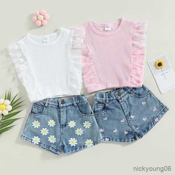 

clothing sets summer girls crew neck tulle patchwork tank with embroidered hearts shorts baby clothes children kids outfits, White