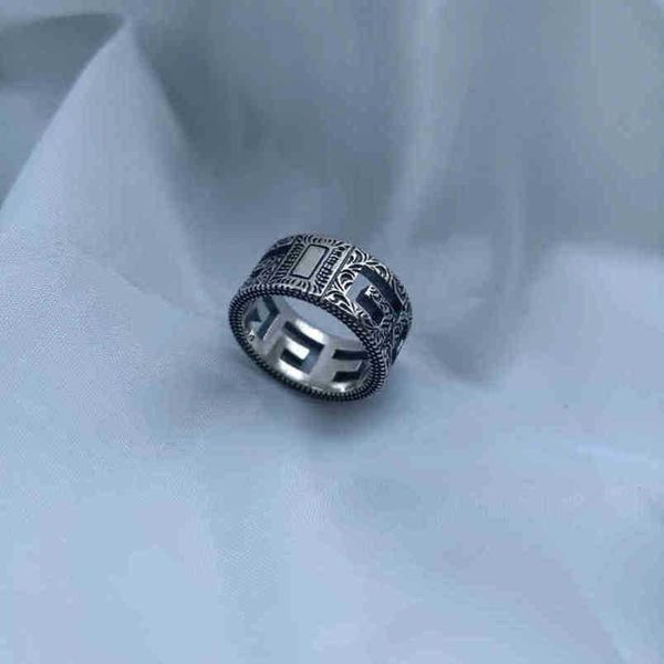 

20% off 2023 new designer jewelry bracelet necklace carved pattern hollow out wide narrow version square personalized couple ring, Silver