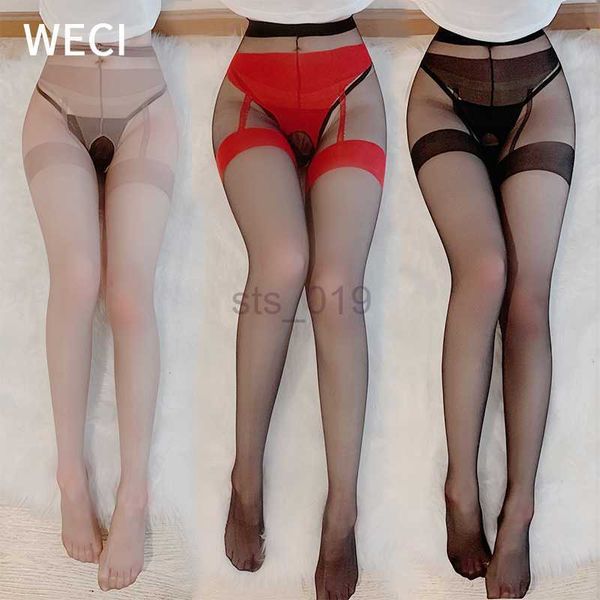 

socks weci open crotchless pantyhose fake garter silk stocking women erotic ultra thin tights high waist transparent long hosiery j230531, Red;black