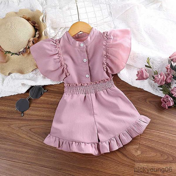 

clothing sets 4-7y girls summer suit solid color crewneck large flutter sleeve single breasted and smocking shorts polyester fashion, White