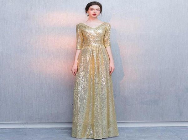 

bling sequins bridesmaid dresses with half sleeves 2019 new gold long party dress vestido de festa62740567344752, White;pink