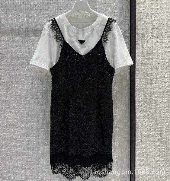 

street style dresses designer fake two piece dress elegant and design sense sequin lace strap t-shirt summer 23 new ifmb, Black;pink