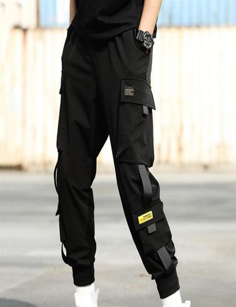 

streetwear hip hop pant black harem men elastic waist punk pants with ribbons casual slim jogger pants men hip hop trousers new2003729808, Black;blue