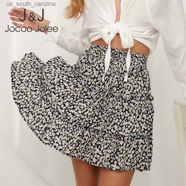 

jocoo jolee women summer floral print pleated mini skirt elegant high waist short beach holidays casual skirt boho cotton 2xl l230522, Black