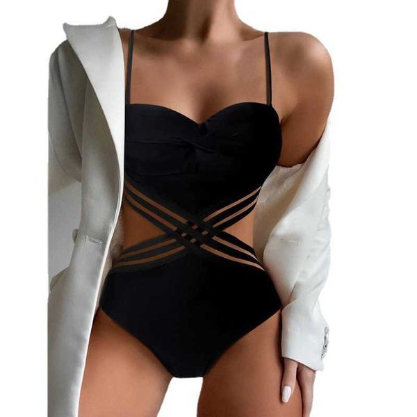 

new piece swimwear conservative women's black solid color bandage, White;black