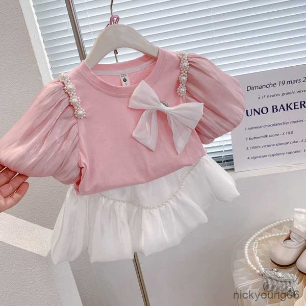 

clothing sets clothes for girls summer bow t-shirt skirt 2pcs outfits kids children, White