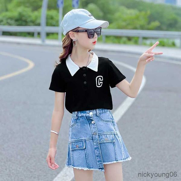 

clothing sets streetwear outfit for girls summer new lapel letter print and button design denim shorts 2pcs casual teen 4-14, White