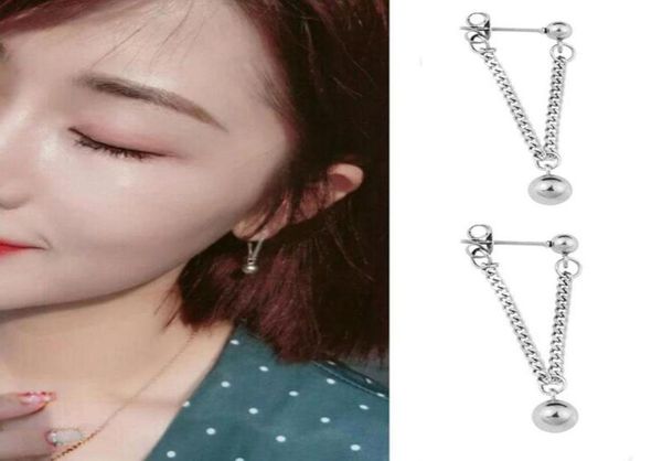 

dangle chandelier kpop retro punk stainless steel long chain ball earrings ear clips korean idol couple hiphop street shooting 3686792, Silver