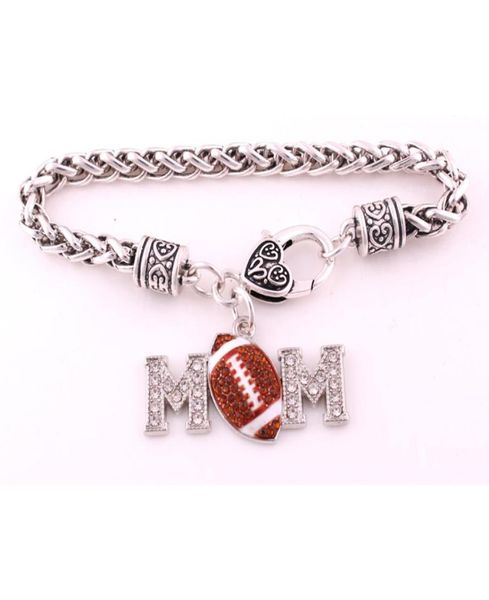 

selling antique sliver plated zinc studded with sparkling crystal rhinestone mom football pendant charm wheat bracelet9511906, Golden;silver