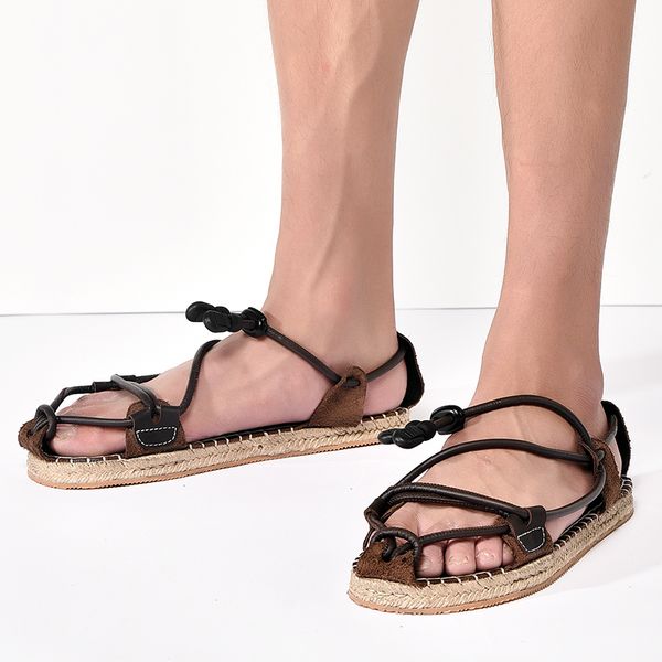 

men genuine leather sandals 2023 new summer sandals slippers handmade weave sandals soft bottom casual outdoor beach roman shoes, Black