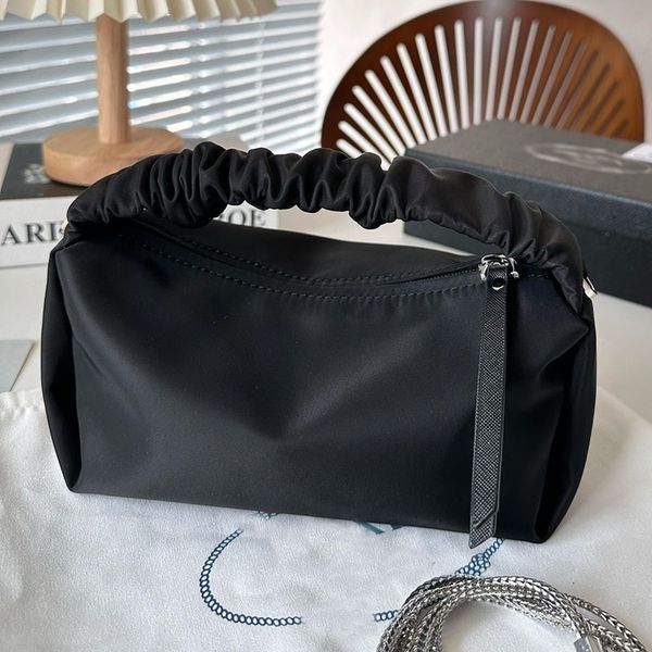 

women vintage cloud re-nylon designer bag tote enameled triangle metal removable silver metal chain pleated handle crossbody shoulder handba