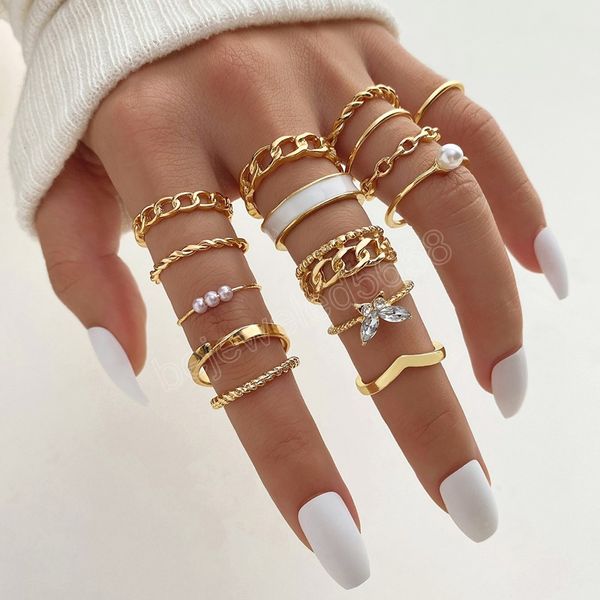 

gold color metal ring for women men crystal butterfly pearl chain twisted vintage finger ring fashion jewelry gift, Silver