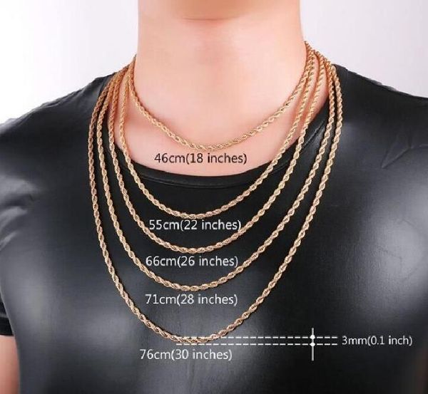 

new fashion 18-30 inches 3mm 18k real gold plated stainless steel rope chain necklace for men gold chains fashion jewelry gift, Silver