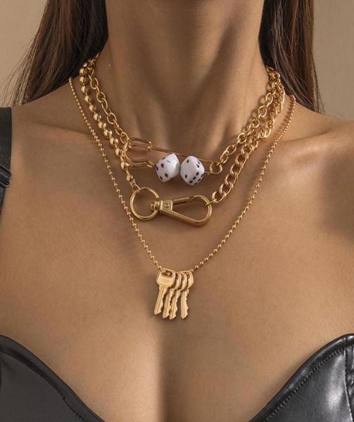 

chokers 3pcs punk multi layered pin chunky chain necklaces for women metal key pendant dice colllor cool statement jewelry6796640, Golden;silver