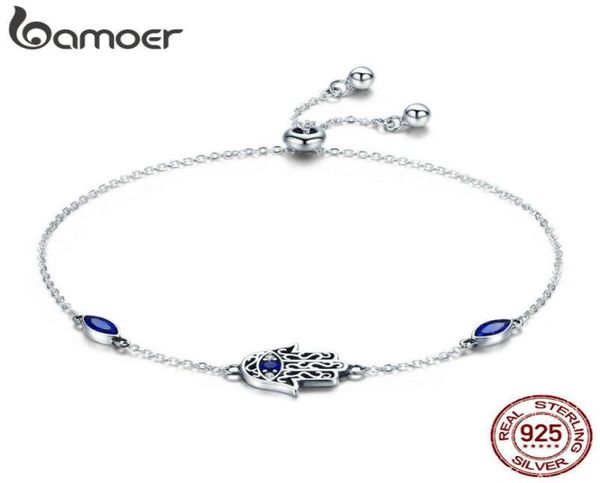 

bamoer 100 925 sterling silver lucky hamsa fatima hand chain link bracelets for women blue cz silver jewelry scb076 mx1907272023619, Golden;silver