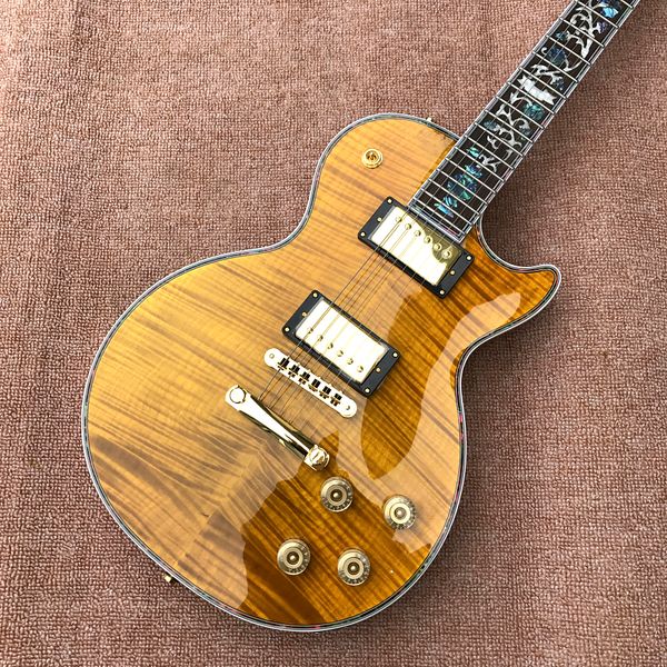 

custom shop, lp standard electric guitars, gold hardware, yellow flame maple guitars ing